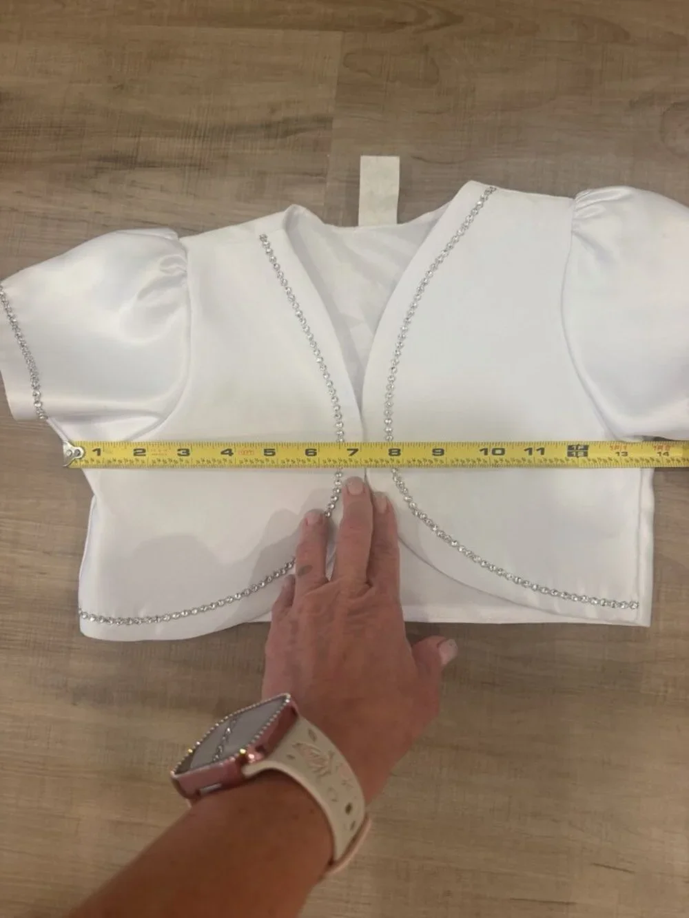 Girls White Satin Communion Bolero Jacket with Rhinestone Trim Size 8